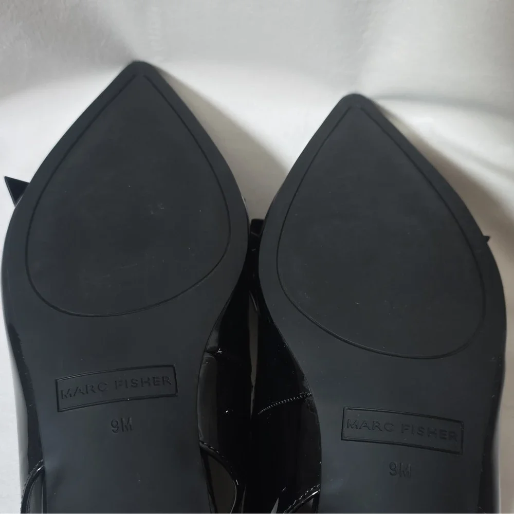 NWOT Marc Fisher Black Patent Leather Bow Pointed Toe Slingback Heels 9M